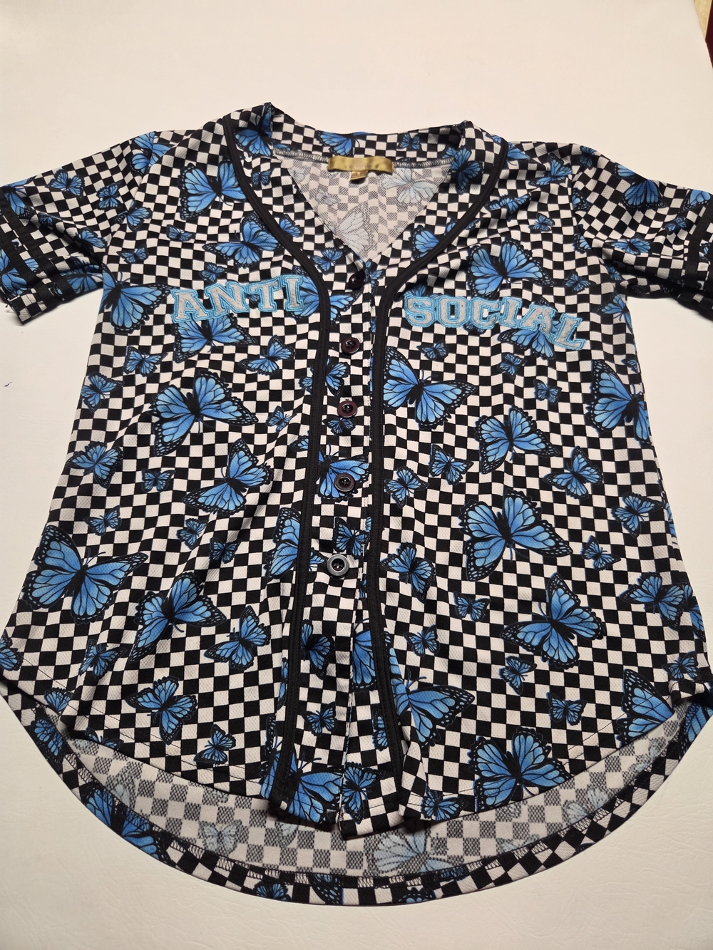 Butterfly Check Button-Front Top JERSEY Style Shirt - Blue Anti Social Butterfly